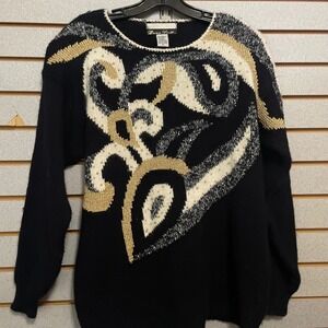 Vintage Dana Scott Womens Black Gold White‎ Abstract Print Knit Sweater L beaded